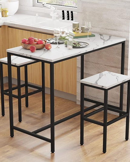 Yongchuang 3 Piece Bar Table Set, Bar Table and Chairs Set of 2, Modern Counter Height Table with 2 Stools for Kitchen, Dining Room, Living Room Breakfast Table White Faux Marble Wood Top - LeafyLoom