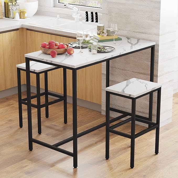 Yongchuang 3 Piece Bar Table Set, Bar Table and Chairs Set of 2, Modern Counter Height Table with 2 Stools for Kitchen, Dining Room, Living Room Breakfast Table White Faux Marble Wood Top - LeafyLoom