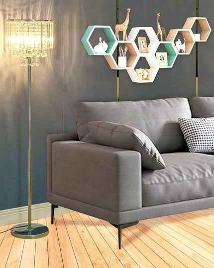Modern Elegance Crystal Floor Lamp, On/Off Foot Switch, Crystal & Glass 3-Lights Standing Light, Reading Corner Lamp for Office Cafe, Den, Living Room Bedroom Chrome Finish - LeafyLoom