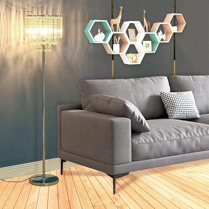 Modern Elegance Crystal Floor Lamp, On/Off Foot Switch, Crystal & Glass 3-Lights Standing Light, Reading Corner Lamp for Office Cafe, Den, Living Room Bedroom Chrome Finish - LeafyLoom