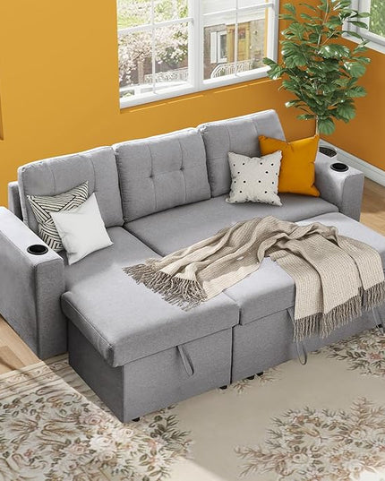 IULULU L Shaped Sectional Sofa, 82 Inch Convertible Sleeper with Pullout Bed, Storage Chaise, Cupholders, 2 in 1 Pull Out Couch for Living Room, Apartment, Silver Grey - LeafyLoom