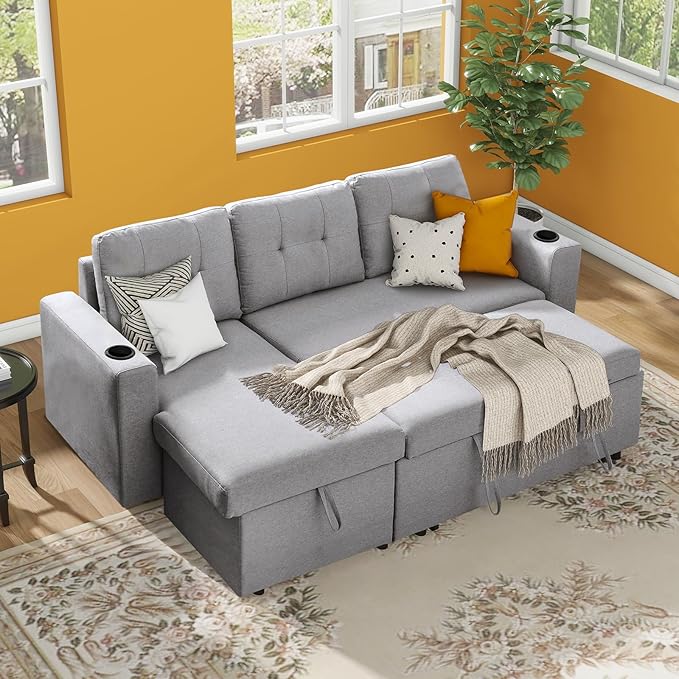 IULULU L Shaped Sectional Sofa, 82 Inch Convertible Sleeper with Pullout Bed, Storage Chaise, Cupholders, 2 in 1 Pull Out Couch for Living Room, Apartment, Silver Grey - LeafyLoom