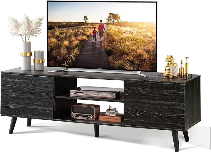 WLIVE TV Stand for 55 60 inch TV, Modern Entertainment Center with Storage Cabinets, Mid Century TV Console Table for Bedroom, TV Stand for Living Room, Charcoal Black - LeafyLoom