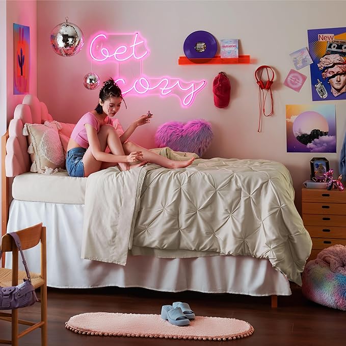 Bedsure Twin XL Comforter Set - Extra Long 5 Pieces Dorm Bedding Sets, Pinch Pleat Beige Bed in a Bag with Comforter, Pillowcase & Sham - LeafyLoom