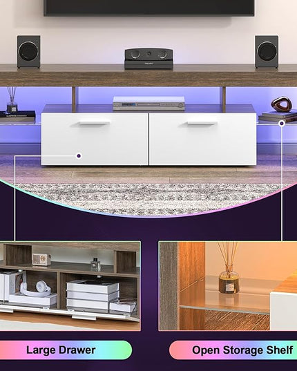 Clikuutory Modern LED TV Stand with Large Storage Drawer for up to 75 Inch TVs, Brown and White Doors, Wood Farmhouse TV Console with Glossy Entertainment Center for Living Room, Bedroom - LeafyLoom