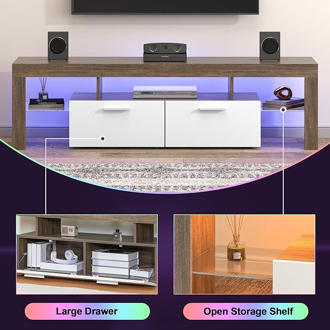 Clikuutory Modern LED TV Stand with Large Storage Drawer for up to 75 Inch TVs, Brown and White Doors, Wood Farmhouse TV Console with Glossy Entertainment Center for Living Room, Bedroom - LeafyLoom