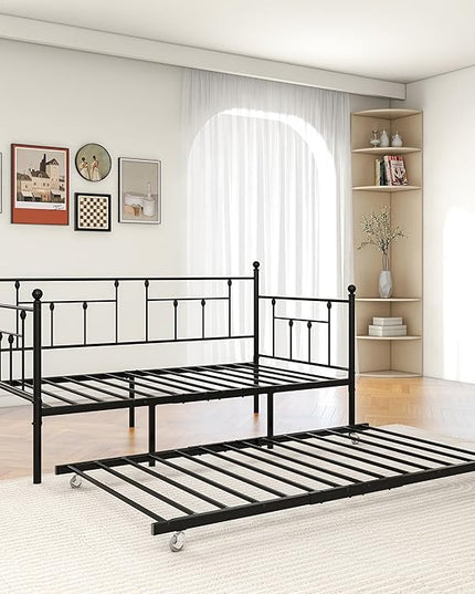 Twin Size Metal Daybed Frame with Trundle,Modern Multifunctional Platform Bed w/Slat Support and Retractable Support Tubes,Easy Assembly,for Guest Room,Bedroom,Living Room,Black - LeafyLoom