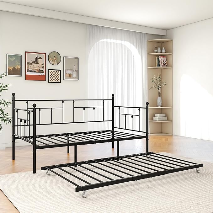 Twin Size Metal Daybed Frame with Trundle,Modern Multifunctional Platform Bed w/Slat Support and Retractable Support Tubes,Easy Assembly,for Guest Room,Bedroom,Living Room,Black - LeafyLoom