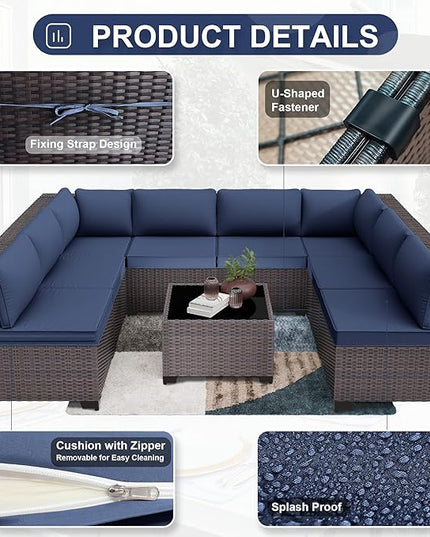 Patio Furniture Set 9-Pieces Outdoor Furniture for Backyard Wicker Sectional Sofa Set, Rattan Patio Conversation Set with Thickened Cushions and Glass Coffee Table, Navy Blue - LeafyLoom
