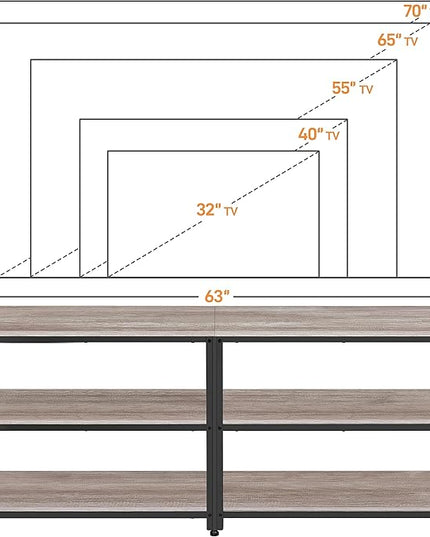 Yaheetech TV Stand for 70 Inch TVs, Industrial Media Entertainment Center with 3-Tier Storage Shelves, 63" TV Console with Metal Frame for Living Room, Gray - LeafyLoom