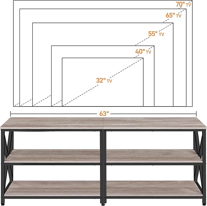 Yaheetech TV Stand for 70 Inch TVs, Industrial Media Entertainment Center with 3-Tier Storage Shelves, 63" TV Console with Metal Frame for Living Room, Gray - LeafyLoom