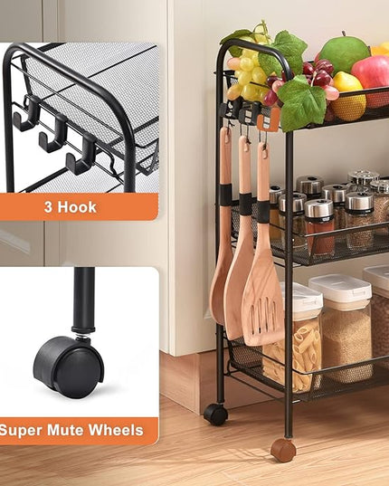 TOOLF 3-Tier Metal Rolling Cart, Mesh Wire Easy Assemble Utility Cart, Storage Trolley on Wheels with 3 Hooks, MetalStorage Shelving Units for Kitchen Bathroom Laundry Room - LeafyLoom