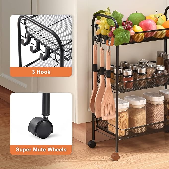 TOOLF 3-Tier Metal Rolling Cart, Mesh Wire Easy Assemble Utility Cart, Storage Trolley on Wheels with 3 Hooks, MetalStorage Shelving Units for Kitchen Bathroom Laundry Room - LeafyLoom