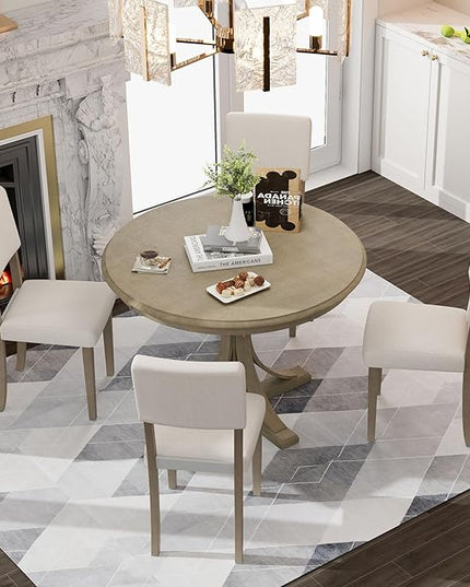 RITSU, Farmhouse Wood, 5-Piece Retro Round Set with Curved Trestle Style Table Legs and 4 Upholstered Chairs for Dining Room Restaurant, Taupe - LeafyLoom