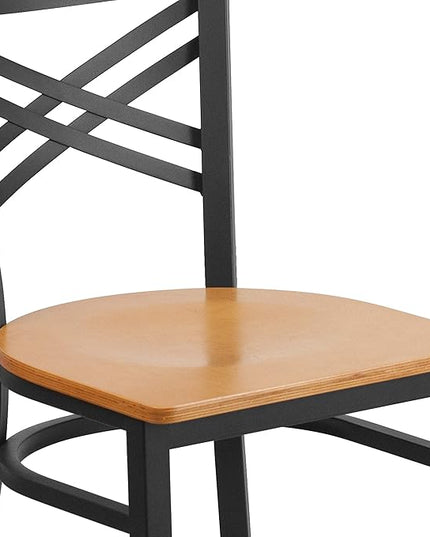 Flash Furniture HERCULES Series Black ''X'' Back Metal Restaurant Chair - Natural Wood Seat - LeafyLoom