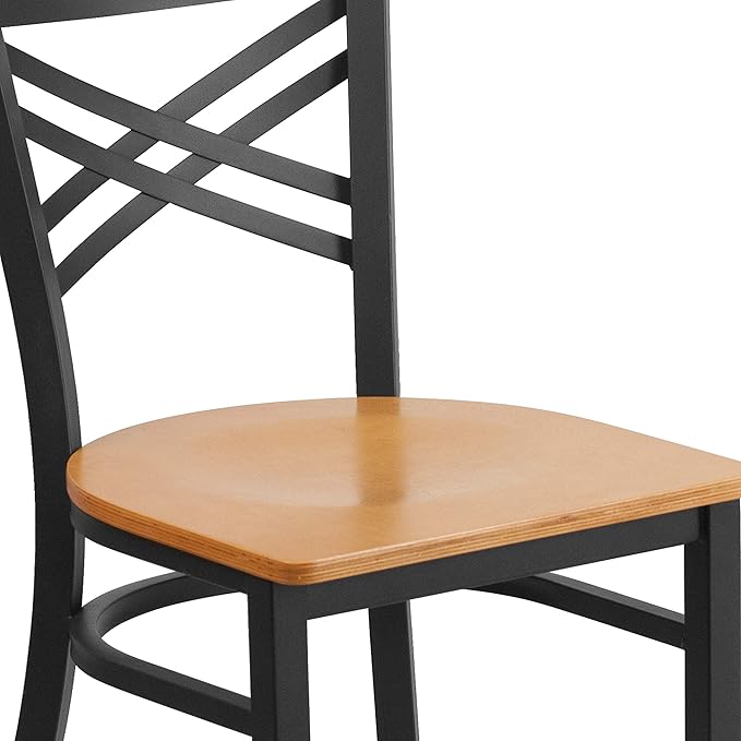 Flash Furniture HERCULES Series Black ''X'' Back Metal Restaurant Chair - Natural Wood Seat - LeafyLoom