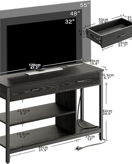 IRONCK TV Stand LED Lights, Entertainment Center with Power Outlet for 55 Inch TV, Industrial TV Console with Media Storage Shelf and 2 Large Drawers,for Bedroom/Living Room, Black - LeafyLoom