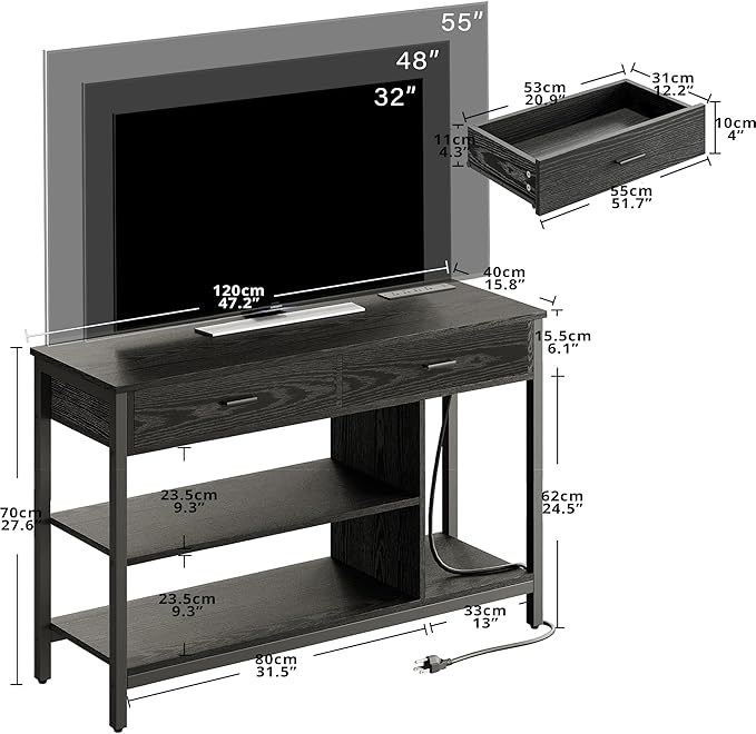 IRONCK TV Stand LED Lights, Entertainment Center with Power Outlet for 55 Inch TV, Industrial TV Console with Media Storage Shelf and 2 Large Drawers,for Bedroom/Living Room, Black - LeafyLoom