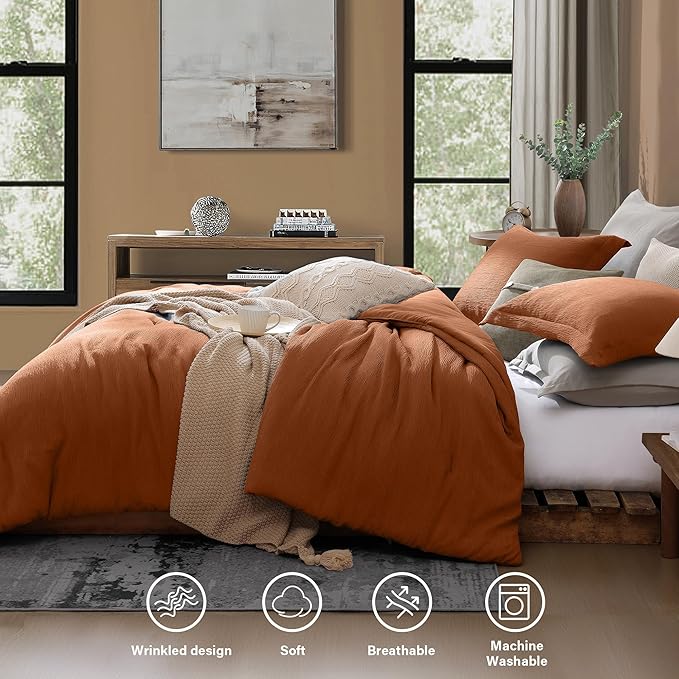 Burnt Orange Queen Comforter Set, Minimalist Lightweight Comforter for Crinkle Design Queen Bed Set, Bedding Queen Size, 3 Piece with Modern Comforter & Shams (Queen, 90"x90") - LeafyLoom