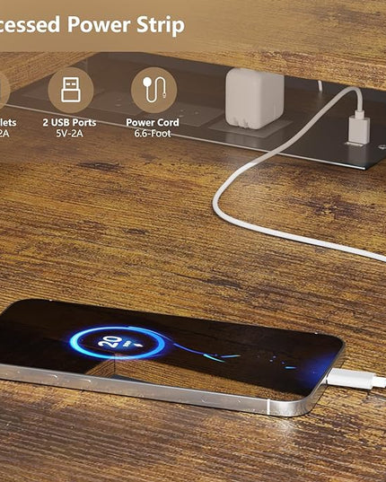 L Shaped Gaming Desk with Power Outlets & LED Lights, Computer Desk with Monitor Stand & Storage Shelf, Home Office Desk Corner Desk with Hooks, Easy to Assemble, Rustic Brown - LeafyLoom