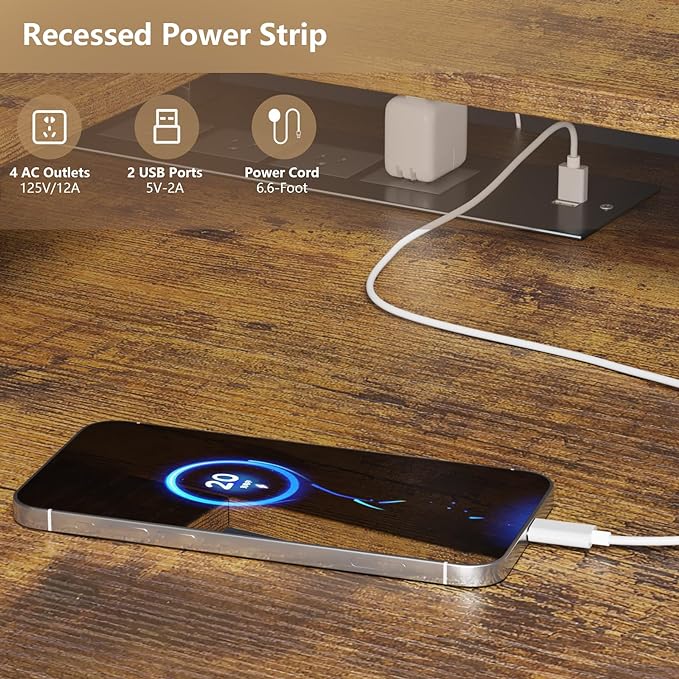 L Shaped Gaming Desk with Power Outlets & LED Lights, Computer Desk with Monitor Stand & Storage Shelf, Home Office Desk Corner Desk with Hooks, Easy to Assemble, Rustic Brown - LeafyLoom