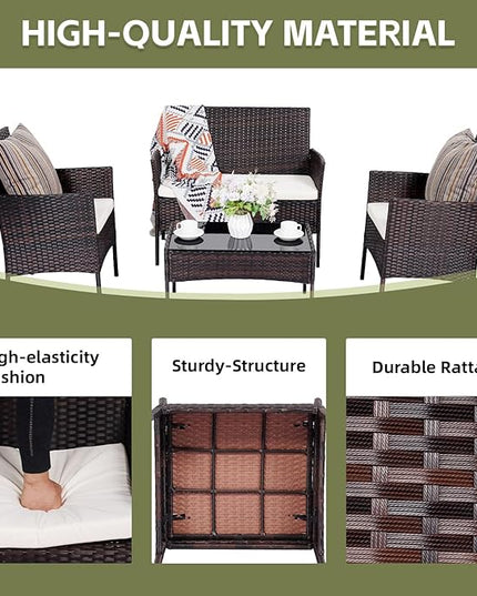 Patio Furniture Set,4 Piece Garden Conversation Set, Outdoor Wicker Rattan Table and Chairs, Black Patio Set, Sectional Sofa with Thick Cushion for Garden, Yard, or Porch (Brown/Beige) - LeafyLoom