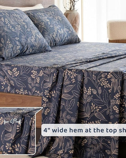 QSH Floral Egyptian Cotton Sheets Queen Size - Elegant Navy Botanical Pattern Printed Bedding Sheets Queen Size Bed Extra Soft and Breathable 4pcs Deep Pockets Bed Sheets - LeafyLoom