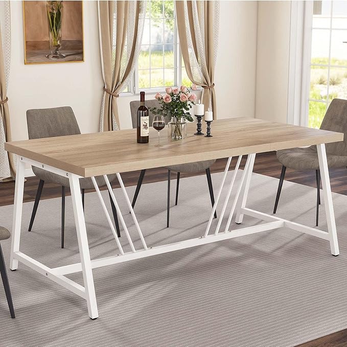 DWVO Farmhouse Dining Table for 6-8 People, 70.9 Inch Large Rectangular Wood Kitchen Table with Heavy Duty Metal Legs, Industrial Rustic Dinner Table for Dining Room, Living Room, Washed Grey - LeafyLoom