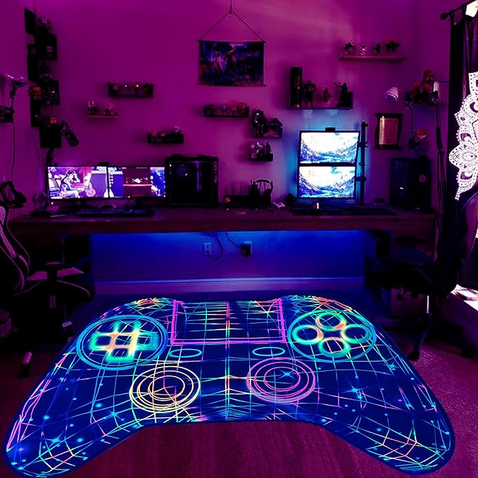 Gaming Rug Teen Boys Carpet Glow in The Blacklight Gamer Rug for Boys Room Playroom Non-Slip Area Rug Kids Boys Girls Game Room Casual Mat (60"x39") - LeafyLoom