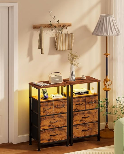Furnulem 4 Drawer Night Stand with Charging Station, Small Dresser with Led Light, 33 Inch Bedside Table with Wood Shelf and Fabric Bins, Tall Nightstand for Entryway, Bedroom Furniture, Rustic Brown - LeafyLoom