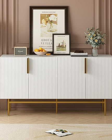 60" Modern 4-Door Elegant Sideboard with Gold Metal Handles and Legs,Storage Buffet Cabinet,W/Adjustable Shelves & Open Countertop,Console Table for Dining Living Room Hallway,White - LeafyLoom