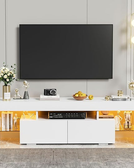 YESHOMY Modern LED TV Stand for Televisions up to 70 Inch with Glass Shelves and Drawer, Gaming Entertainment Center with Multiple Dynamic RGB Modes, for Livingroom, Bedroom, 60 Inch, White - LeafyLoom