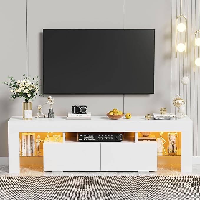 YESHOMY Modern LED TV Stand for Televisions up to 70 Inch with Glass Shelves and Drawer, Gaming Entertainment Center with Multiple Dynamic RGB Modes, for Livingroom, Bedroom, 60 Inch, White - LeafyLoom