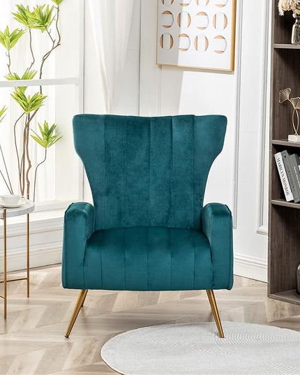 Armchair Modern Velvet Accent Chair, Channel Tufted Bedroom, Office or Living Room Furniture with Elegant Metal Legs, Blueish Green - LeafyLoom