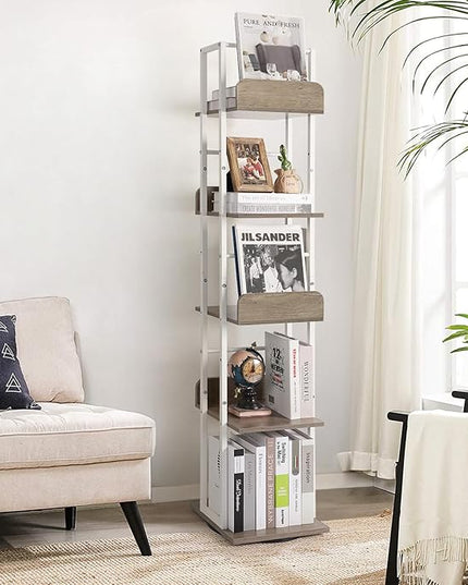 Bikoney Bookshelves 5-Tier, Rotating Bookshelf Tower for Corner, Small Bookcase, Tall Industrial Bookshelf, Narrow Bookshelf, Wood and Metal White - LeafyLoom