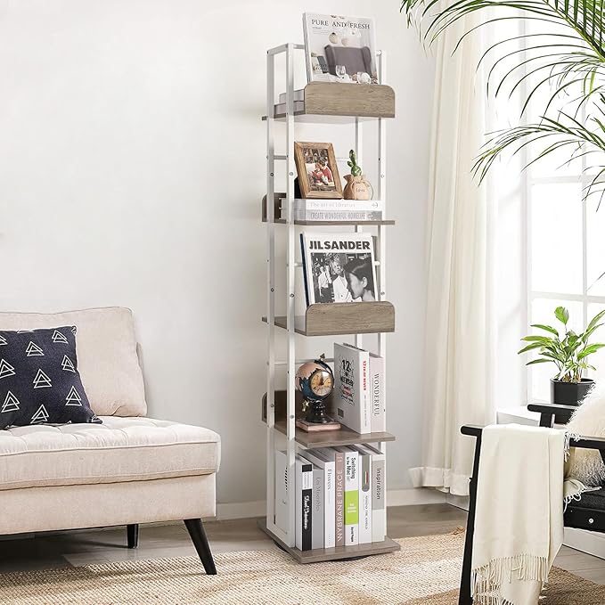 Bikoney Bookshelves 5-Tier, Rotating Bookshelf Tower for Corner, Small Bookcase, Tall Industrial Bookshelf, Narrow Bookshelf, Wood and Metal White - LeafyLoom