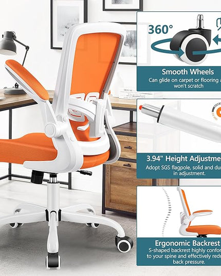 MINLOVE Office Chair Ergonomic Desk Chair with Adjustable Lumbar Support and Height, 90° Flip-up Armrests, Ergo Desk Chairs with Wheels, Home Work Use (Orange) - LeafyLoom