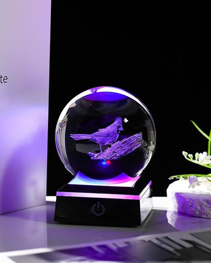 Qianwei Cardinal Gifts for Women Men Crystal Ball - 3D Laser Cardinal Decor Glass Animals Red Bird Figurines Statue Stuff for Room Decorations Cardinal Night Light - LeafyLoom