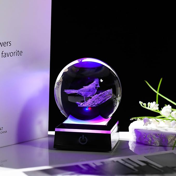 Qianwei Cardinal Gifts for Women Men Crystal Ball - 3D Laser Cardinal Decor Glass Animals Red Bird Figurines Statue Stuff for Room Decorations Cardinal Night Light - LeafyLoom