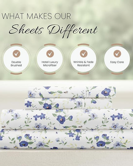 4 Piece King Bedding Sheet Set (Light Blue Floral) - Sleep Better Than Ever with These Ultra-Soft & Cooling Bed Sheets for Your King Size Bed - Deep Pocket Fits 16" Mattress - LeafyLoom