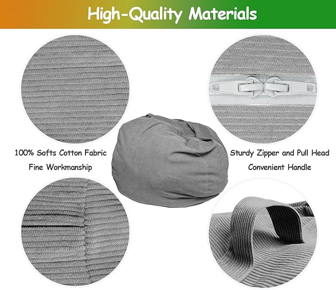 Stuffed Animal Storage Bean Bag Chair Cover (No Filler) Organizing Children's Plush Toys for Kids and Adults Keep your Memory Foam More Organized Gray - LeafyLoom