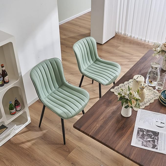 YOUNUOKE Dining Chairs Set of 2 Upholstered Mid Century Modern Kitchen Chair Armless Faux Leather Side Chairs with Padded Back Metal Legs for Living Room Bedrooms Mint Light Sage Green - LeafyLoom