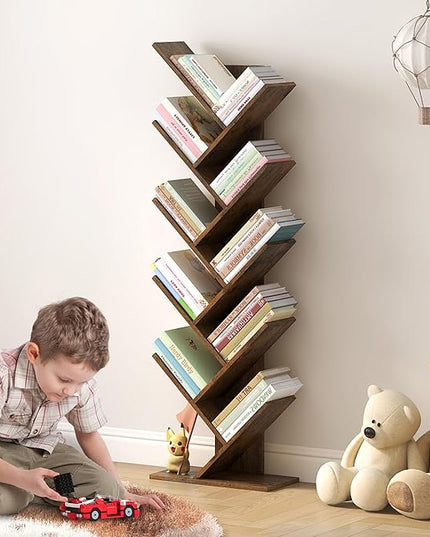 Hoctieon 10 Tier Tree Bookshelf, 10 Shelf Bookcase, Free Standing Tree Bookcase, Display Floor Standing Shelf for Books, Book Shelf Organizer, Rustic Brown - LeafyLoom