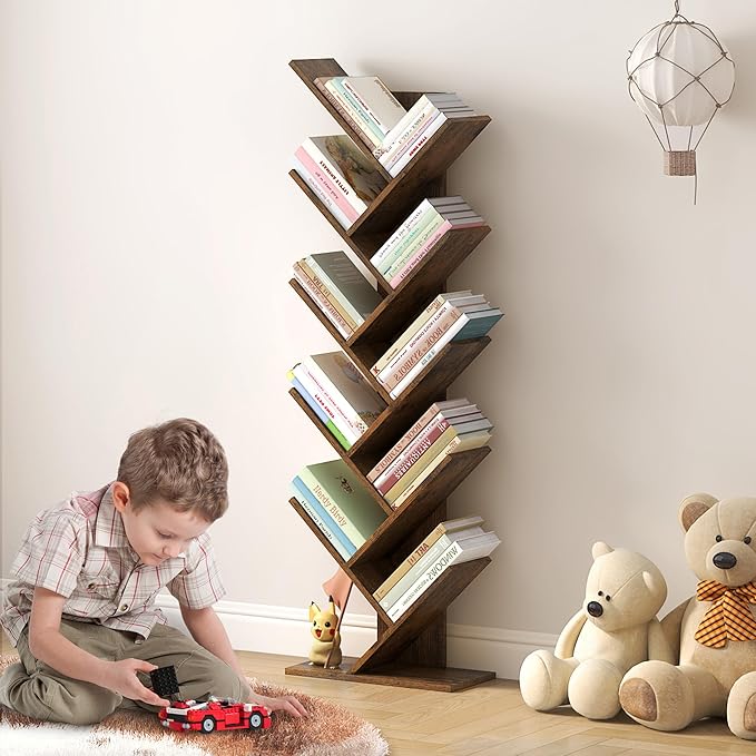 Hoctieon 10 Tier Tree Bookshelf, 10 Shelf Bookcase, Free Standing Tree Bookcase, Display Floor Standing Shelf for Books, Book Shelf Organizer, Rustic Brown - LeafyLoom