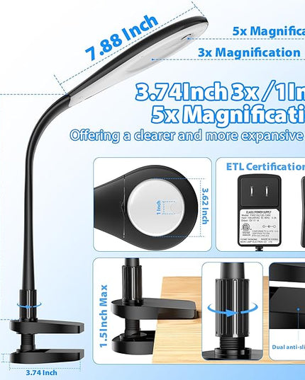 Magnifying Glass with Light, Flexible Gooseneck 3X&5X Glass Lens LED Magnifying Desk Lamp with Clamp, Hand Free Magnifying Lamp with Dust Cover for Reading, Painting, Craft, Repair - LeafyLoom