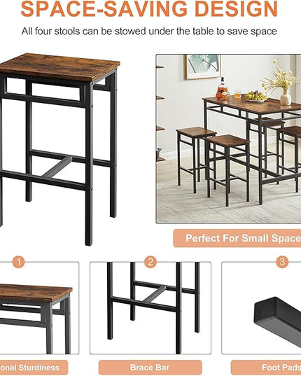 NicBex Dining Table Set for 4 Kitchen Table Set Bar Table Set 5Pc Dinging Table Set with High Stools for Dining Room, Small Space, Apartment, Structural Strengthening, Industrial Style, Rustic Brown - LeafyLoom