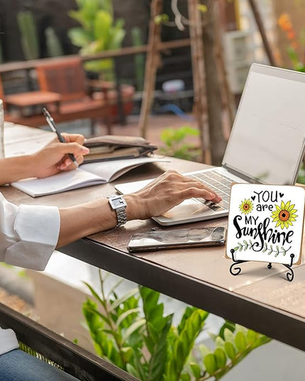 You Are My Sunshine Motivational Desk Decor, Sunflower Wood Plaque with Stand Decorations for Woman Office Home Bathroom -A38 - LeafyLoom