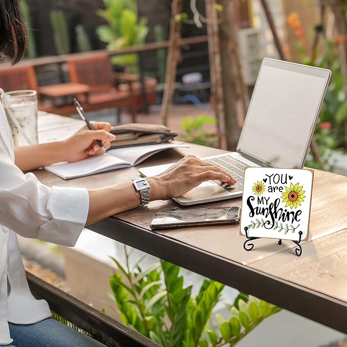 You Are My Sunshine Motivational Desk Decor, Sunflower Wood Plaque with Stand Decorations for Woman Office Home Bathroom -A38 - LeafyLoom