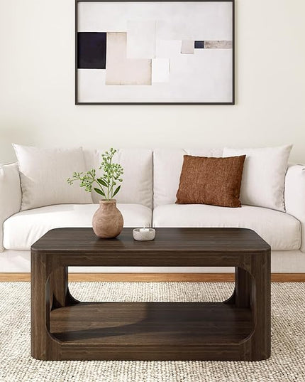 Plank+Beam Small Forma Coffee Table, Solid Wood 40 Inch Modern Coffee Table with Shelf, Contemporary Center Table with Storage Space, Rectangle Tea Table with Storage, Walnut - LeafyLoom