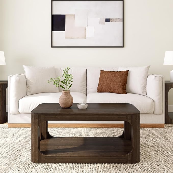 Plank+Beam Small Forma Coffee Table, Solid Wood 40 Inch Modern Coffee Table with Shelf, Contemporary Center Table with Storage Space, Rectangle Tea Table with Storage, Walnut - LeafyLoom